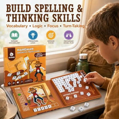TRAVOFUN Magnetic Hangman Game | Travel Games for Kids Ages 4-8 | Reusable letters make this hangman game for kids a 2-player spelling activity for car rides, flights, and quiet time. - style: Hangman Game