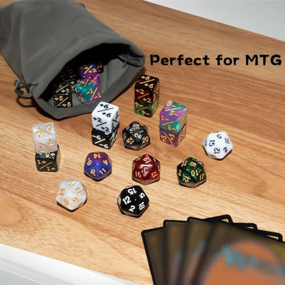56 PCS MTG Counter Dice Set with D20 for MTG Card Game | 48 PCS Life Counters & 8 PCS D20 in 8 Colors & 1 Grey Velvet Bag