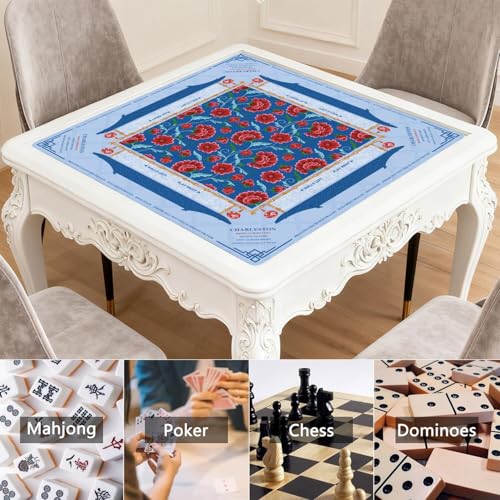 Mahjong Mat for Table with Carrying Bag & 3 Dice, Blue Red Floral 31.5"x31.5" Square Rubber Mahjong Table Cover, Non-Slip & Noise Reduction Gaming Mat for Mah Jongg, Poker, Dominoes & Tile Games - color: Blue and Red