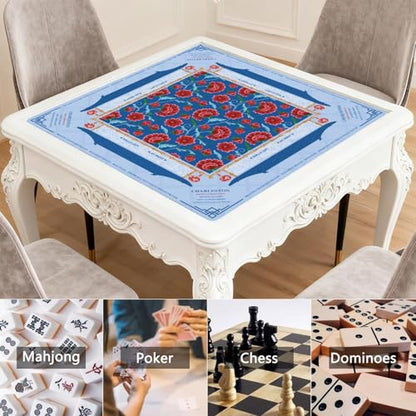 Mahjong Mat for Table with Carrying Bag & 3 Dice, Blue Red Floral 31.5"x31.5" Square Rubber Mahjong Table Cover, Non-Slip & Noise Reduction Gaming Mat for Mah Jongg, Poker, Dominoes & Tile Games - color: Blue and Red