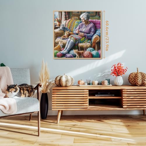 Grandma Knitting Puzzle for Adults 1000 Pieces, Cute Cat Jigsaw Puzzle, Cozy Colorful Art Puzzle