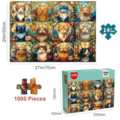 Stained Glass Cat Puzzles, 1000 Piece Puzzle for Adults, 20 x 27 in | Tight Piece Fit, 1:1 Reference Poster, Lettered Back, Minimal Puzzle Dust, Vibrant Colors, 2mm Extra-Thick Pieces - color: 1000 Pieces-stained Glass Cat