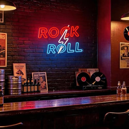 Rock Roll Lightning Bolt Neon Sign - Dimmable Retro Rock LED Light Sign - color: Rock n Rool