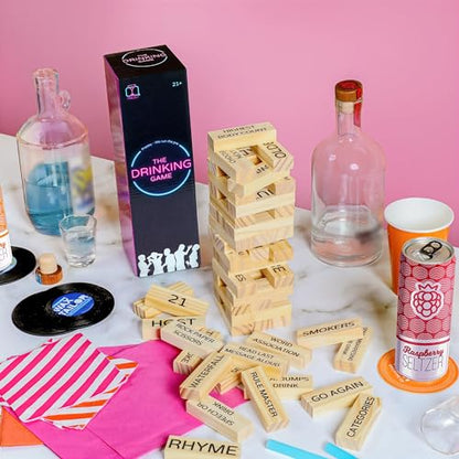 Drinking Game - 21+ Ultimate Pregame Drink Tower for Parties - Adult Party Game with 54 Blocks | Funny Drunk Game for Game Night, Bachelorettes, Couples and 21st Birthday Gift