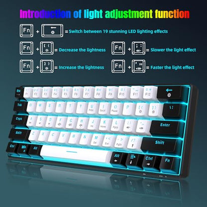 Snpurdiri 60% Wired Mechanical Gaming Keyboard (Black-White, Blue Switches) | Ice Blue LED Backlit 61 Keys Mini Wired Office Keyboard for Windows Laptop PC Mac - color: Black White(Ice Blue Light)/Blue Switch