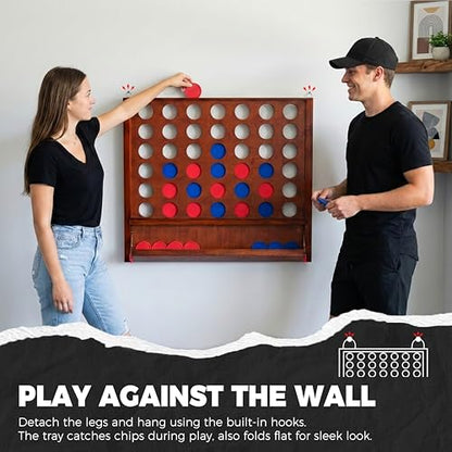 Height Adjustable Giant Wooden 4 in A Row Game | Adjust Heights (2.75-3.75 FT), Foldable Tray, Wall Mounted or Set-up on Ground, Carrying Case - style: Premium (Adjustable 33"-45")
