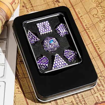 Metal Dice Set D&D,7 PCS Dragon Scale Metallic DND Dice Set,Dragon Eye Metal Dice with Grogeous Gift Case for Dungeons and Dragon Tabletop Game (Purple Dragon Scale & Blue Eye) - color: Purple Dragon Scale & Blue Eye