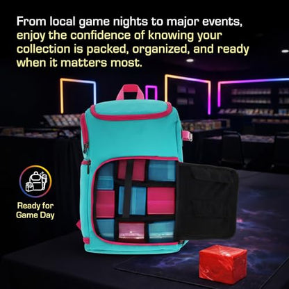 BCW Spectrum TCG Backpack | Holds 7–9 Prism Deck Cases | Configurable Storage for Cards & Gear | Playmat Strap & Side Pocket | Durable & Travel-Friendly Design | Cyber Pink/Teal - color: Cyber Pink/Teal