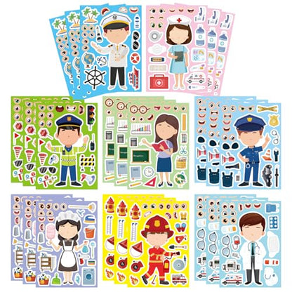 24 Sheets Make a Face Sticker, Educational Stickers for Kids, Make Your Own Occupation Post Stickers with 8 Designs of Firefighter Doctor Policeman Teacher Sticker, Birthday Gift Craft Party Favor - style: Educational Stickers