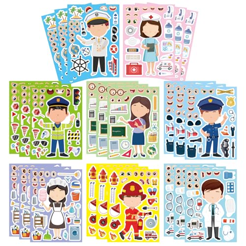 24 Sheets Make a Face Sticker, Educational Stickers for Kids, Make Your Own Occupation Post Stickers with 8 Designs of Firefighter Doctor Policeman Teacher Sticker, Birthday Gift Craft Party Favor - style: Educational Stickers