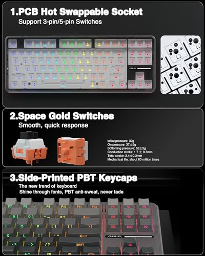 AULA F87 Pro Wireless Mechanical Keyboard,Tri-Mode BT5.0/2.4GHz/USB-C Hot Swappable Custom Keyboard,Pre-lubed Switches,Side Printed PBT Keycaps,75% TKL RGB Backlit Gaming Keyboards - color: F87Pro-Black