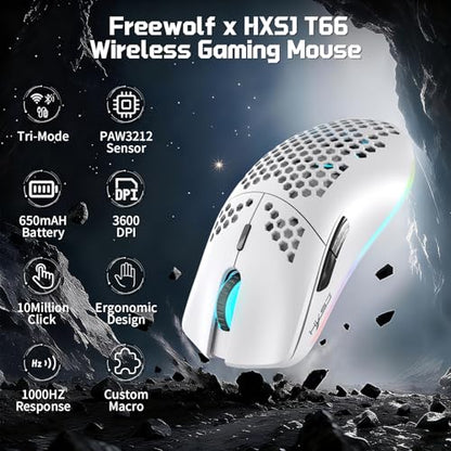 FREEWOLF X HXSJ T66 Wireless Gaming Mouse Tri-Mode Superlight Honeycomb Design PAW3212 3600DPI Sensor 1000Hz Polling Rate Bluetooth/2.4Ghz/Wired Ergonomic PC Mice RGB Light Programmable Buttons-White - color: white