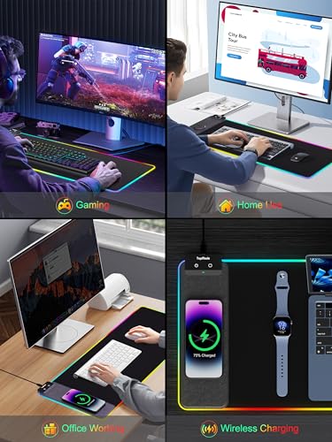 TopMade Mouse Pad with Wireless Charging, 31.5" x 11.81" Large Desk Mat RGB Gaming Mousepad, LED Desk Pad Keyboard Pad, Waterproof Desk Pad (Includes 20W PD Power Adapter & 6.56ft Woven Cable) - color: RGB Black-31.5"x11.8"-with Adapter