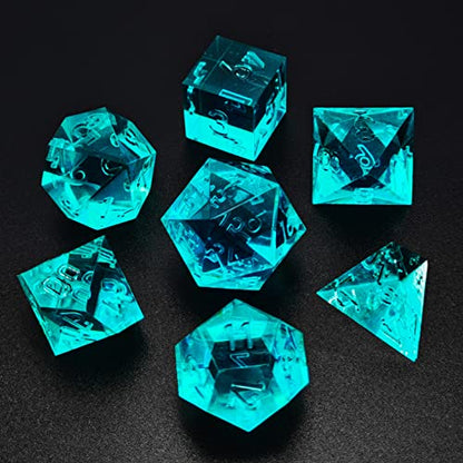 Bescon Crystal Clear (Unpainted) Sharp Edge DND Dice Set of 7, Razor Edged Polyhedral D&D Dice Set for Dungeons and Dragons Role Playing Games, Aquamarine Color - color: Aquamarine