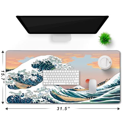 Japanese Large Gaming Mouse Pad with Extended Stitched Edges, (31.5X15.7In) Durable Non-Slip Natural Rubber Base, Waterproof Computer Pad for Esports Pros/Gamer/Office/Home, Sunset Sea - color: Sunset Sea