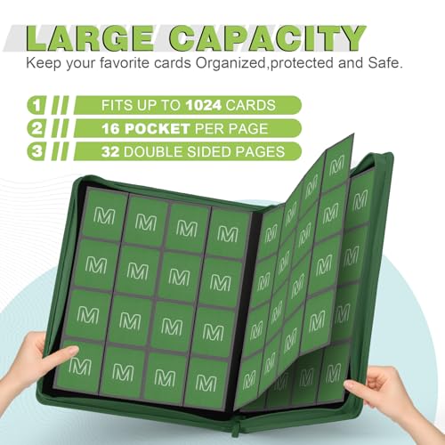 Premium Card Binder 16 Pocket,Trading Card Binder Holds up to 1000+Cards Sturdy Card Collection Album, Card Holder Folders for MTG, TCG, Game Cards & Sports Cards - color: 16 deep green