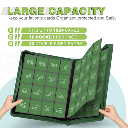 Premium Card Binder 16 Pocket,Trading Card Binder Holds up to 1000+Cards Sturdy Card Collection Album, Card Holder Folders for MTG, TCG, Game Cards & Sports Cards - color: 16 deep green