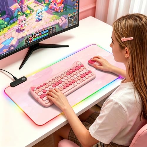 RGB Large Gaming Mouse Pad, Extended Mouse Pad with 12 Lighting Effects, Water Proof Mutispandex Surface, Non-Slip Rubber Base, 80x30 cm / 31.5×11.8 in (Pink Nebula) - color: Pink Nebula