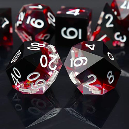 Haxtec Sharp Edge DND Dice Set, Red Swirls Resin Polyhedral RPG Dice | White Ink D&D for Role Playing Games, Compatible with Dungeons and Dragons, Handmade 7-Die with Metal Case, TTRPG Gifts - color: Black Red