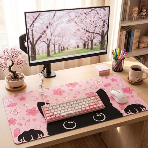 Black Cat Mouse Pad Extended Large Cute Pink Cherry Blossom Desk Mat Big Floral Flowers Desk Pad Set XXL Aesthetic Paw Gaming Mouse Pad for Keyboard Computer Laptop Home Office Girl 31.5X15.7Inches - color: Cherry Blossom Cat