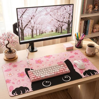 Black Cat Mouse Pad Extended Large Cute Pink Cherry Blossom Desk Mat Big Floral Flowers Desk Pad Set XXL Aesthetic Paw Gaming Mouse Pad for Keyboard Computer Laptop Home Office Girl 31.5X15.7Inches - color: Cherry Blossom Cat