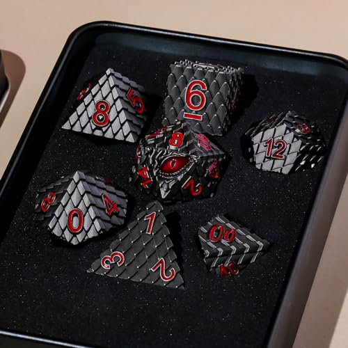 Dragon Eye Metal Dice Set - 7 Pcs Dragon Scale Metallic Dice, Gift Box for Dungeons & Dragons Tabletop Game (Black Dragon Scale & Red Eye) - color: Black Dragon Scale & Red Eye
