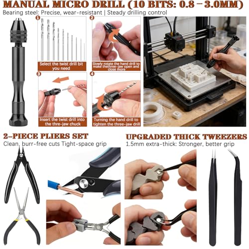 66Pcs 3D Printer Tools Kit with Storage Case, All-in-One Accessories for FDM/SLA Printers - Deburring Tool, Scrapers, Metal Files, Brushes, Hand Drill, Tweezers & More, for Bambu Lab, Ender 3, Kobra