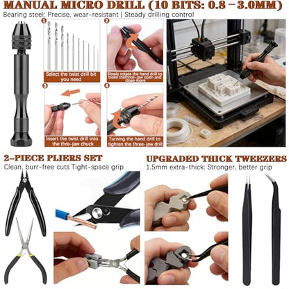 66Pcs 3D Printer Tools Kit with Storage Case, All-in-One Accessories for FDM/SLA Printers - Deburring Tool, Scrapers, Metal Files, Brushes, Hand Drill, Tweezers & More, for Bambu Lab, Ender 3, Kobra