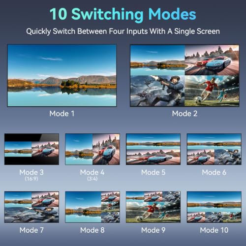 4K HDMI Multiviewer Switch 4x1 Quad Multi-Viewer Seamless Switching | with IR Remote Support 4K@30Hz 1080P@60Hz and 10 Display Modes for Security Camera, Gaming Consoles