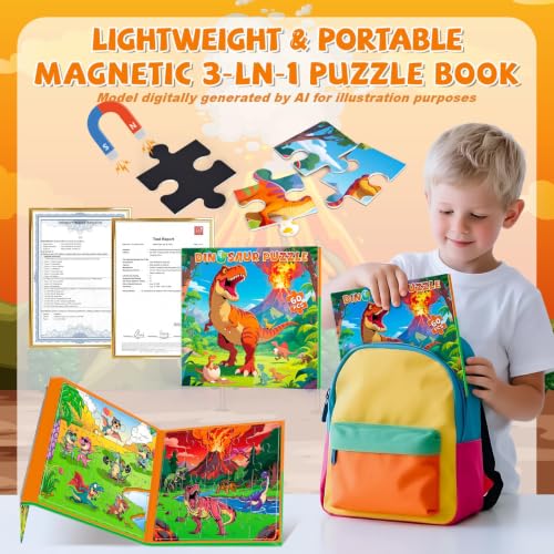 3 in 1 Magnetic Dinosaur Puzzles for Kids Ages 3-5, 3x20 Pieces Puzzles for Toddlers 4-6, Car Airplane Road Trip Activities Magnet Games Toys for 3 4 5 6 Year Old Boys - style: Dinosaurs 60Pcs