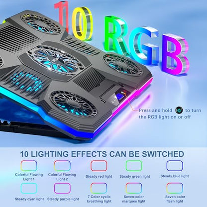 Laptop Cooling Pad, MOOJAY Laptop Cooler with 9 Quiet Fans for 14-19 Inch Notebook Computer, Gaming Laptop Fan Cooling Stand with 6 Adjustable Speeds and 10 RGB Light Modes, 2 USB Ports & Phone Holder