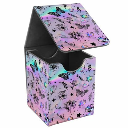 Card Deck Box, Card Storage Box Fits 100+ Single Sleeved Cards, Large Capacity PU Leather Card Storage Box with Strong Magnet for Magic Commander TCG CCG, Cute Iridescent Butterfly - color: Cute Iridescent Butterfly
