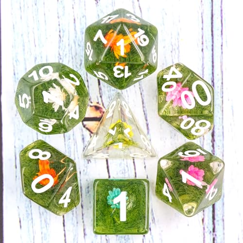 Handan Resin DND Dice Set Handmade Flower D&D Die Filled with Flowers and Grass for D&D Dungeons and Dragon Tabletop Games