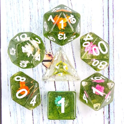 Handan Resin DND Dice Set Handmade Flower D&D Die Filled with Flowers and Grass for D&D Dungeons and Dragon Tabletop Games