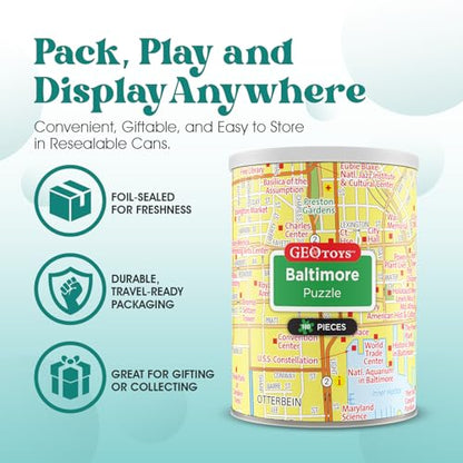 Geotoys Baltimore Mini City Puzzle - 100 Piece Puzzles for Kids and Adults in Portable Can, 13" x 10" Educational Travel Puzzle for Ages 7 and Up - Mini Puzzles to Learn & Explore Geography - style: Baltimore