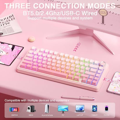 AULA F75 Pro Wireless Mechanical Keyboard Silent Version,75% Hot Swappable Custom Keyboard with Knob,RGB Backlit,Pre-lubed Switches,Side Printed PBT Keycaps,2.4GHz/USB-C/BT5.0 PC Gaming Keyboards,Pink - color: F75Pro Pink-Silent Version