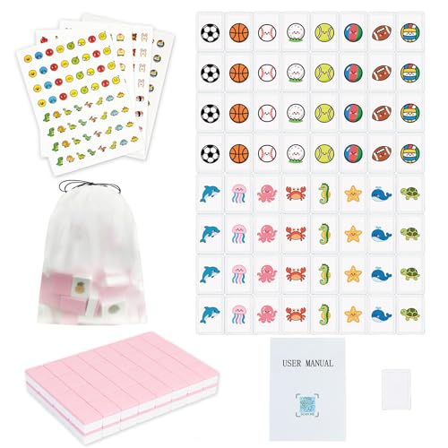 65 Tiles 30mm Seaside Escape Game Block Matching Game for Kids, Vita Mahjong Game Set in ABS Plastic Material Set with 4 DIY Stickers (Pink) - color: Pink