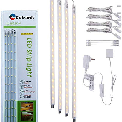 Cefrank Display Lights, 16" LED Light Bar, 4-Pack Linkable Warm White Kit | Ultra Thin Plug in Light Bar for Bookshelf Accent Lighting, Soft Glow, Low Heat Safe Touch, Under Cabinet Lamp, 3000K - color: Warm White