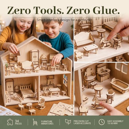 34PCS Wooden Dollhouse Furniture Set, 1:20 Scale | Miniature Furniture for Kitchen, Living Room, Bathroom. STEM Classroom Educational Toy for DIY Crafts and Creative Building