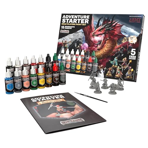 The Army Painter, GameMaster Adventure Starter Set, 15 x 18 ml | Acrilici Warpaints Fanatic, incl. 1 primer a pennello, 5 miniature gratuite e 1 pennello, per Warhammer - color: Adventure Starter Paint Set