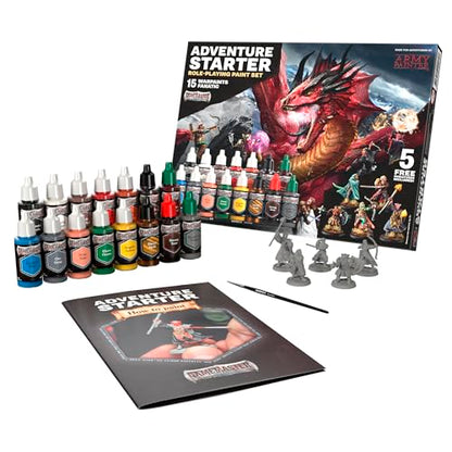 The Army Painter, GameMaster Adventure Starter Set, 15 x 18 ml | Acrilici Warpaints Fanatic, incl. 1 primer a pennello, 5 miniature gratuite e 1 pennello, per Warhammer - color: Adventure Starter Paint Set