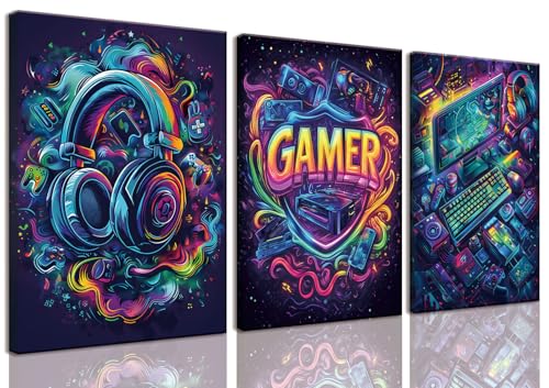 Yolbcdr Graffiti Gamer Canvas Wall Art Set of 3, 12x16 inch | Cyber Gaming Wall Decor, Gamepad and Headphones Prints, Teen Boy Bedroom - color: Colorful Gamer, size: 12"x16" Canvas
