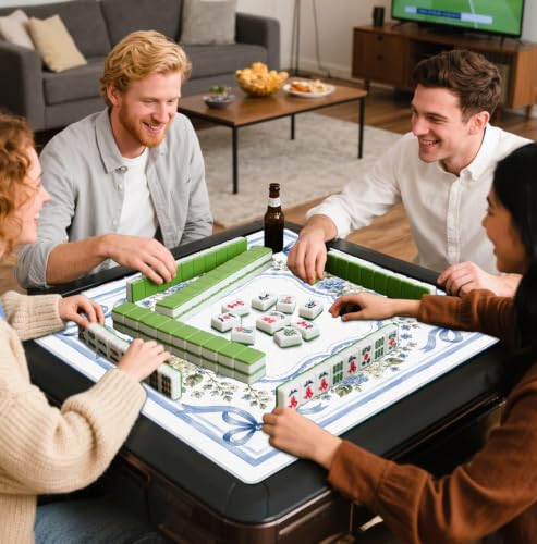 Coquette Blue Bow Hydrangea Mahjong Mat 31.5x31.5 Inch | Grandmillennial Blue and White Hydrangea Non-Slip Noise Reduction Mah Jong Table Mat Cover Gifts for Mahjong Lovers Dominoes - color: Brogan Bougainvillea