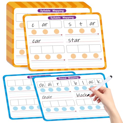 12 Pack Double Sided Syllable Dry Erase Board,12" x 9" Multiplication Flash Cards,Phonics Manipulatives Small White Board for Kids,Speech Therapy Material for Learning,Homeschool Essentials - style: Sound & Syllable Mapping