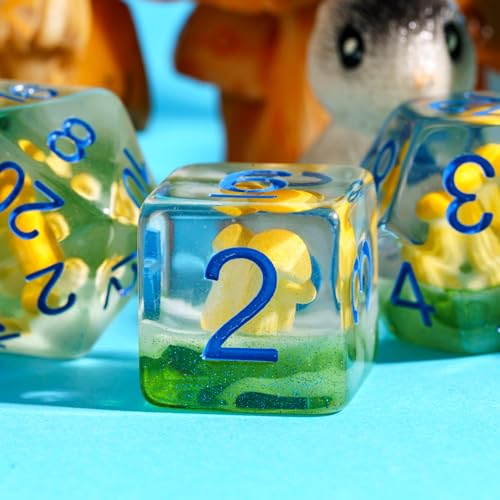 UDIXI Yellow Mushroom Dice Set, Polyhedral Dice Set D&D for Tabletop Games | Velvet Storage Bag, DM Gift, for Dungeons and Dragons Role Playing Games Board Games - color: Mushroom Yellow/Blue Font