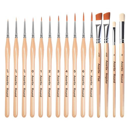 Miniature Brush Dry Brushes, Aoartix 15 Pcs Model Paintbrush Set for Acrylic Oil Watercolor Face, Detail Dry Brushes for Models Miniatures Small Digital Crafts Painting Supplies- Triangular Handles - color: Wood