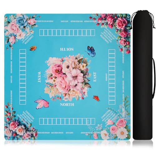 Mahjong Mat for Table with Rose Floral Design | with Storage Bag 31.5x31.5 inch Anti-Slip Mah Jong Mat Quieter Mahjong Table Mat with Charleston Rules - color: Sky Blue