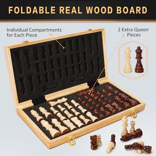 Magnetic Wooden Chess Set for Adults Kids, 15" Folding Chess Boards with 2 Extra Queens, Portable Travel Chess Sets with Pieces Storage Slots, Beginner Chess Game Set for Kids, Adults - style: Magnetic Chess Set