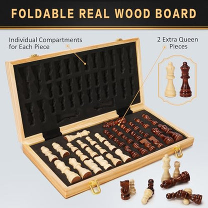Magnetic Wooden Chess Set for Adults Kids, 15" Folding Chess Boards with 2 Extra Queens, Portable Travel Chess Sets with Pieces Storage Slots, Beginner Chess Game Set for Kids, Adults - style: Magnetic Chess Set