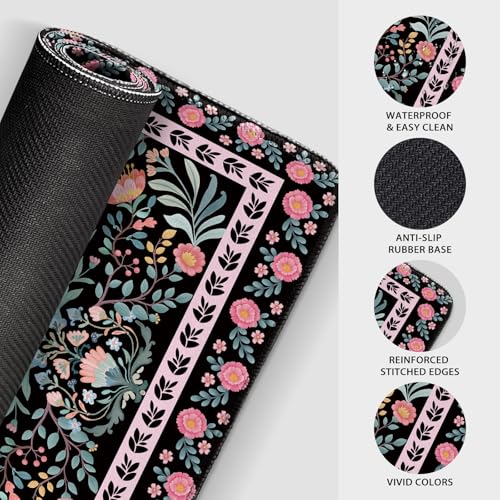 Black Floral Desk Mat Large Mouse Pad 31.5"x15.7" Non-Slip | Extended Mousepad, Non-Slip Rubber Base , Stitched Edges, for Computer/Laptop/Office/Home - color: Black Floral
